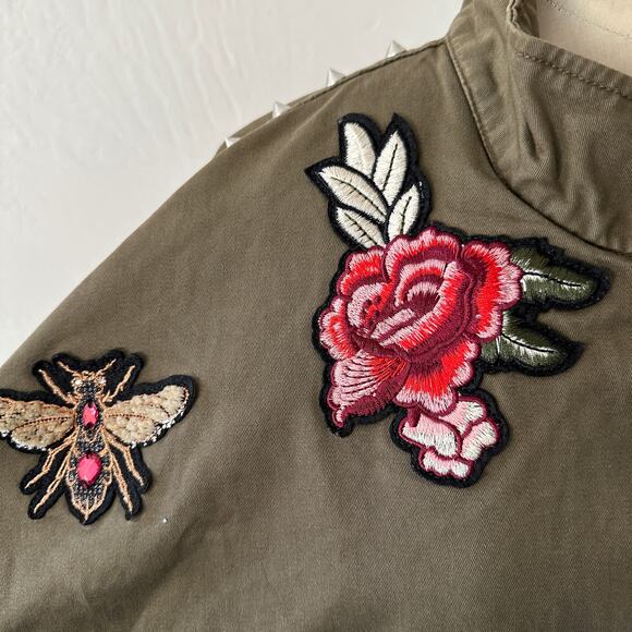 H&M | Womens Army Green Cotton Twill Bird Flower Bee Patch Bomber Jacket Small - Picture 2 of 15